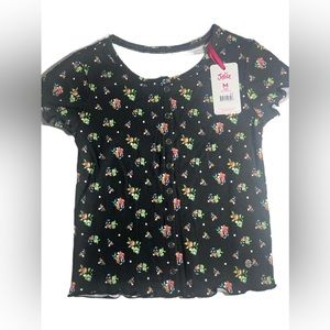 Justice Girls Black Floral Shirt Size M (10) NWT Short Sleeve Button Ribbed Top